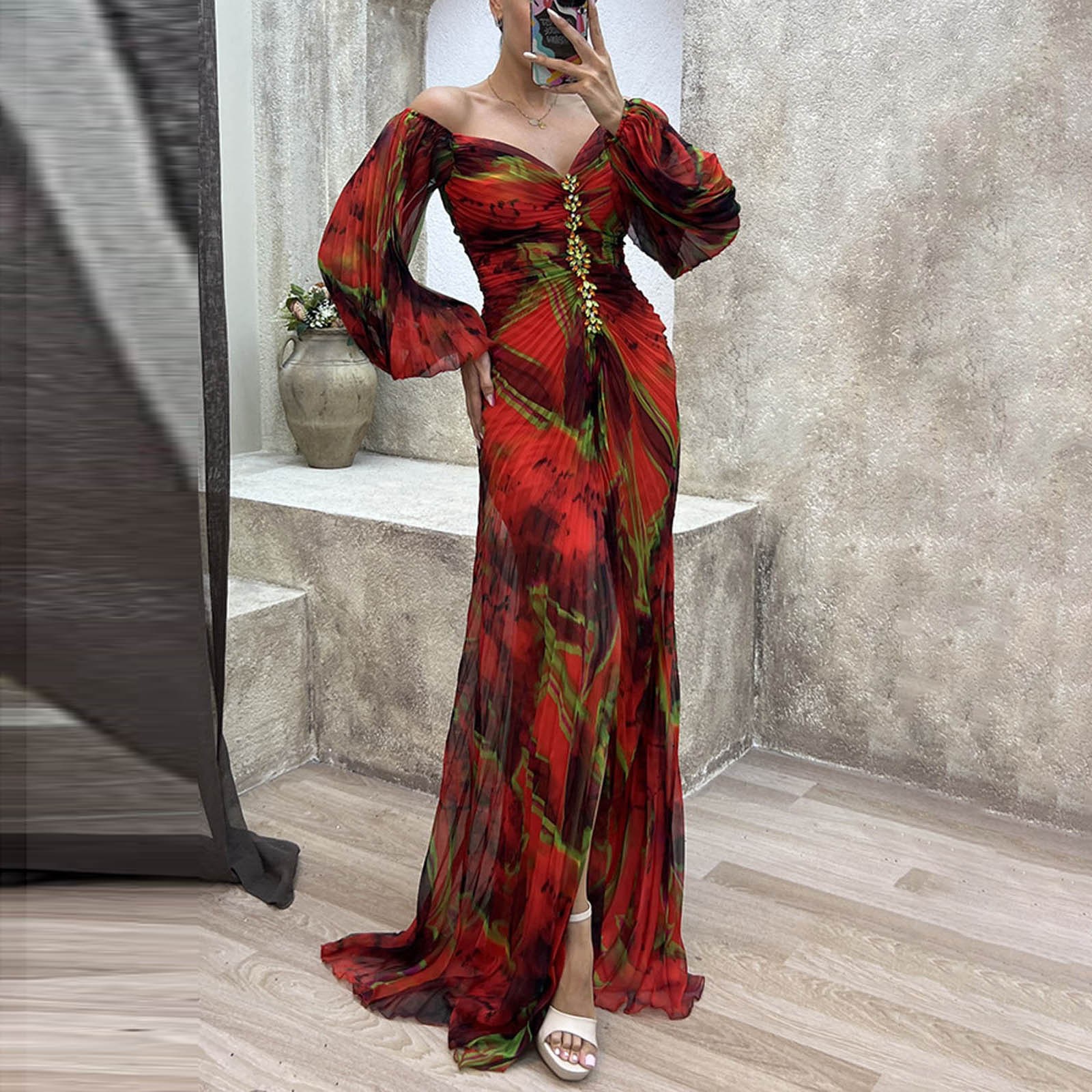 Robe de soirée pour femmes, épaules dénudées, manches longues, Sexy, ourlet à volants, fente haute sur le côté, robe longue de Cocktail