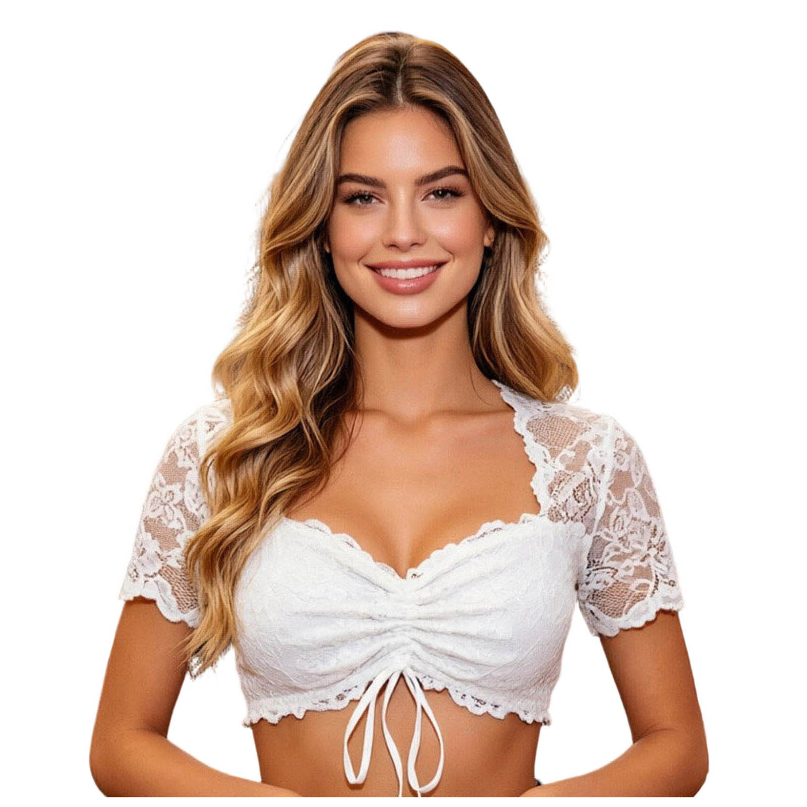 Chemisier élégant pour femme, blanc, manches courtes, style Dirndl, en dentelle transparente, crop top, chemise de bière bavaroise, costume traditionnel