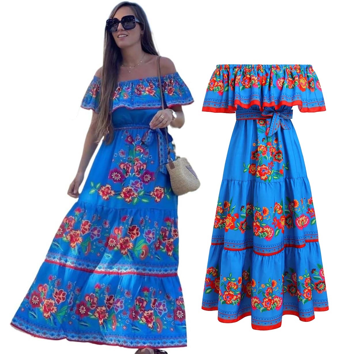 Robe traditionnelle ethnique à imprimé floral pour femmes, tenue mexicaine, vêtements de fête, vacances à la plage