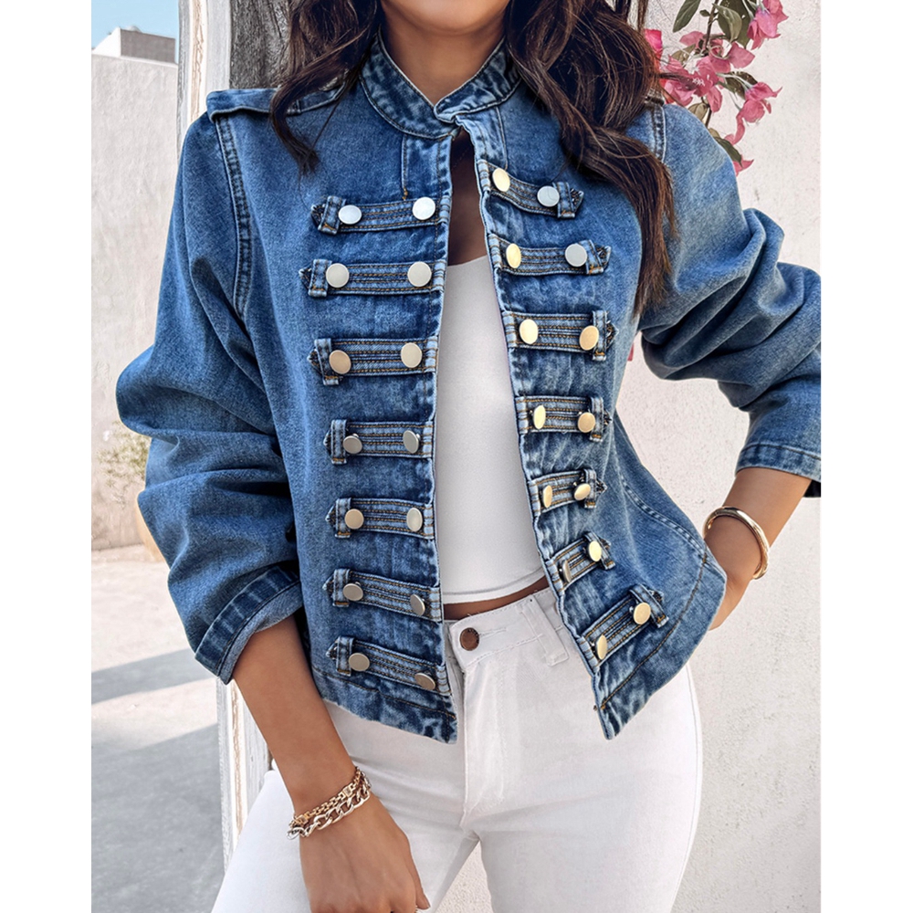 Automne femmes col montant à manches longues bouton avant manteau décontracté printemps Denim vestes Femme décontracté asymétrique ourlet manteaux