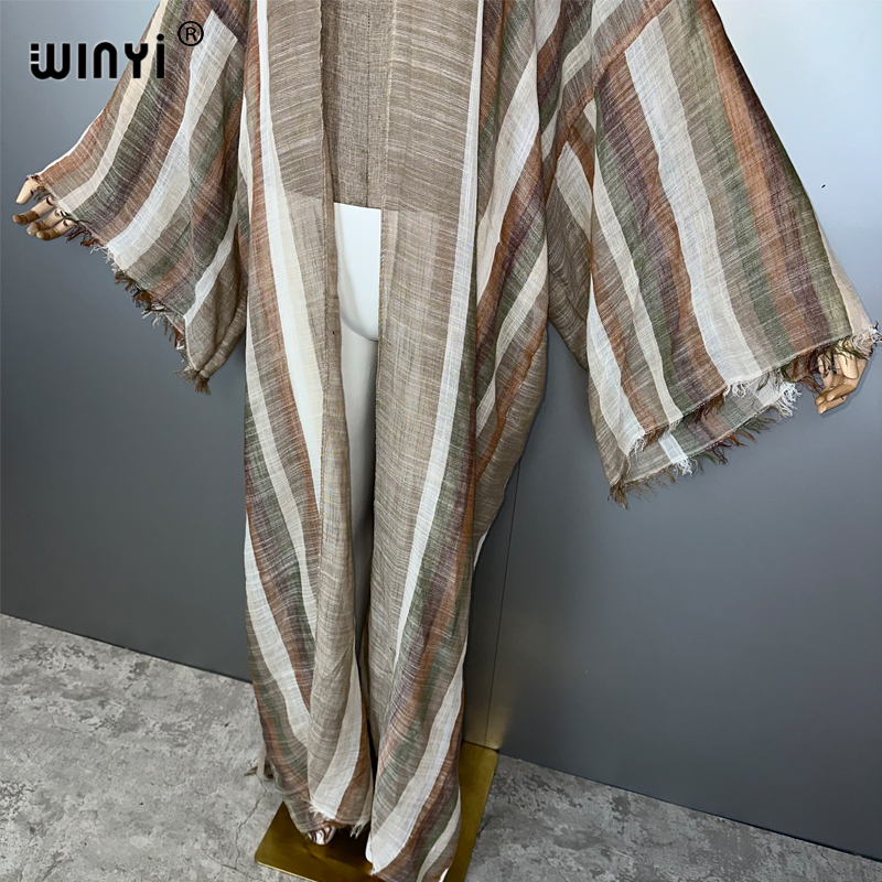 WINYI Kimono Bohème Kaftan Vêtement de Plage Cardigan Rayé Robe de Soirée Abaya Dubaï Tenue de Plage de Luxe Robe Maxi Femme
