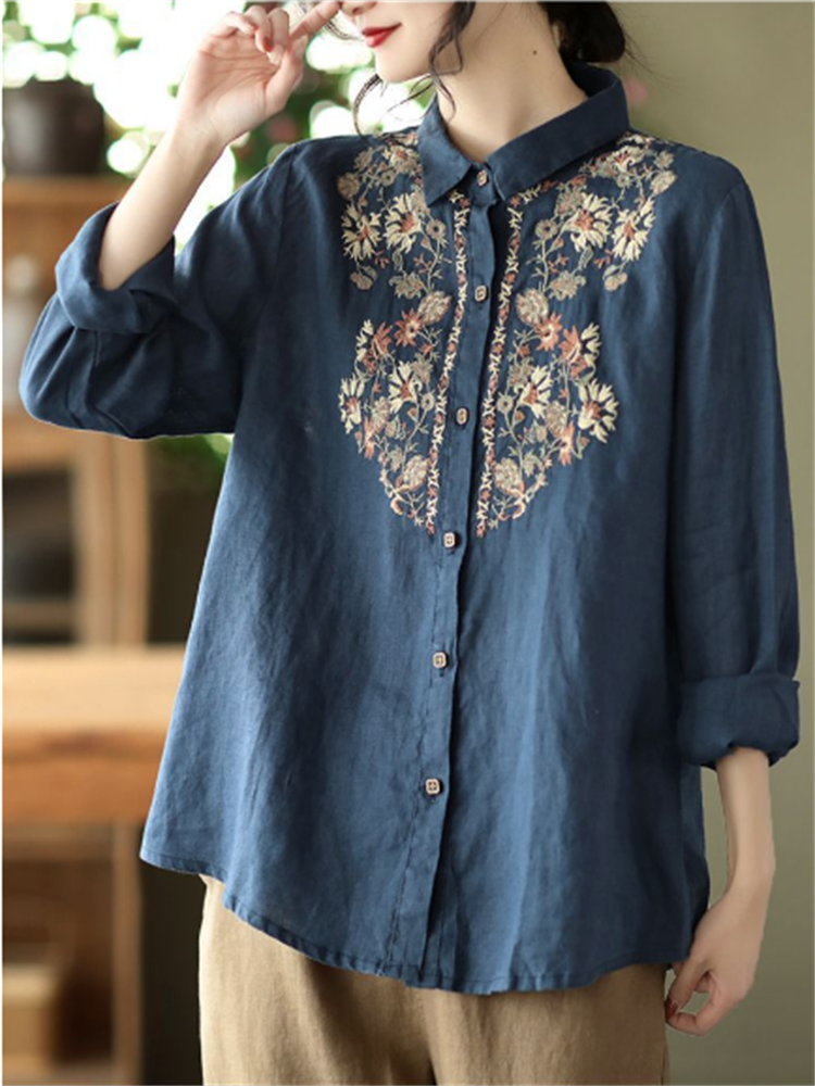 Chemisiers Rétro pour Femmes, Chemise Nationale en Coton et Lin, Blouse Ample Brodé à Col Revers, Cardigan à Manches Longues, Hauts Féminins