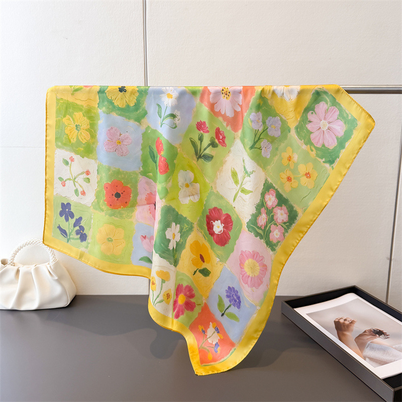 Écharpe carrée florale de luxe pour femmes, élégante, hijab, foulard, châle, en soie imitation douce et résistante aux taches, pour les voyages
