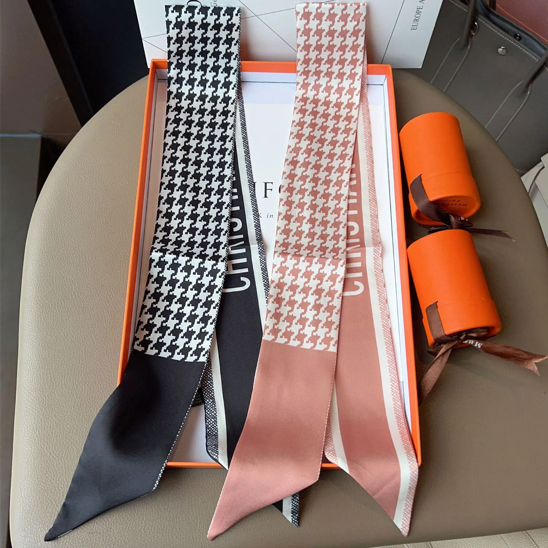 Mini-foulard en soie imprimé à carreaux, bandeau, ruban de poignée pour sac, ruban tendance et à la mode pour l'été, motif œil-de-perdrix classique D Home