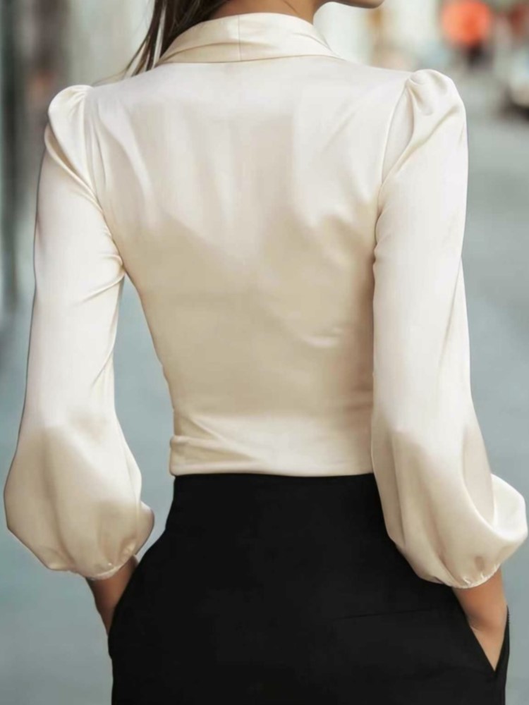Élégant solide chemise pour les femmes mode à manches longues col en V à lacets pull dessus de chemise dame décontracté vacances bureau vêtements printemps