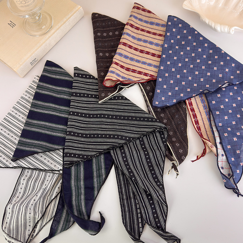 Foulards triangulaires en coton pour femmes, écharpe de cheveux rayée à imprimé Floral, châle littéraire en lin pour filles, couvre-chef rétro doux et respirant