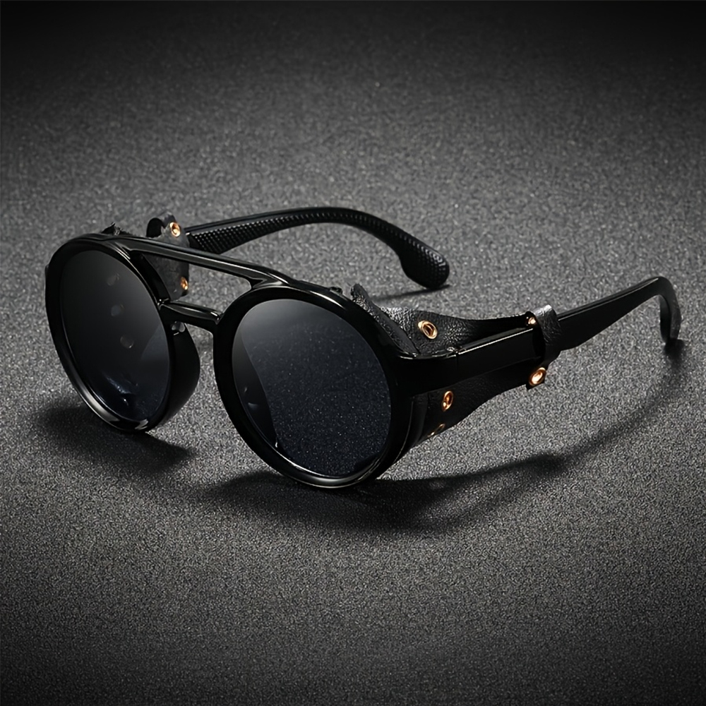 Lunettes de soleil rondes rétro steampunk pour hommes et femmes, en cuir, style punk vintage, protection UV400, anti-vent, pour sports de plein air et équitation