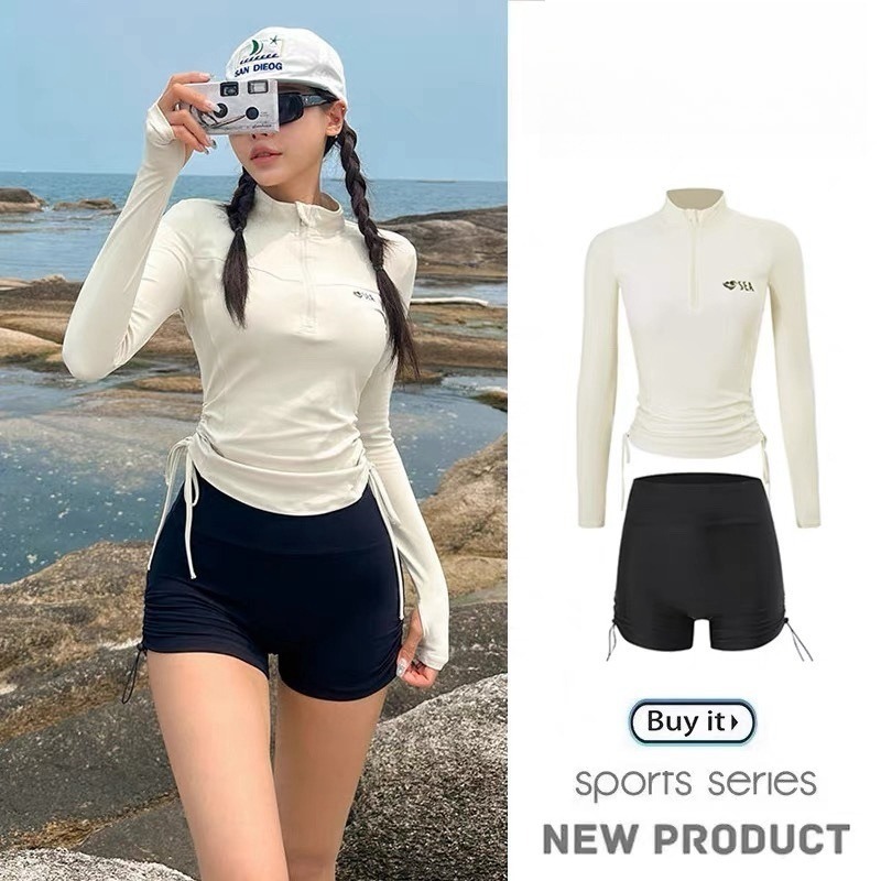 Maillot de bain sportif à manches longues, protection solaire, ensemble deux pièces tendance pour femme, effet amincissant, cordon de serrage, coupe droite