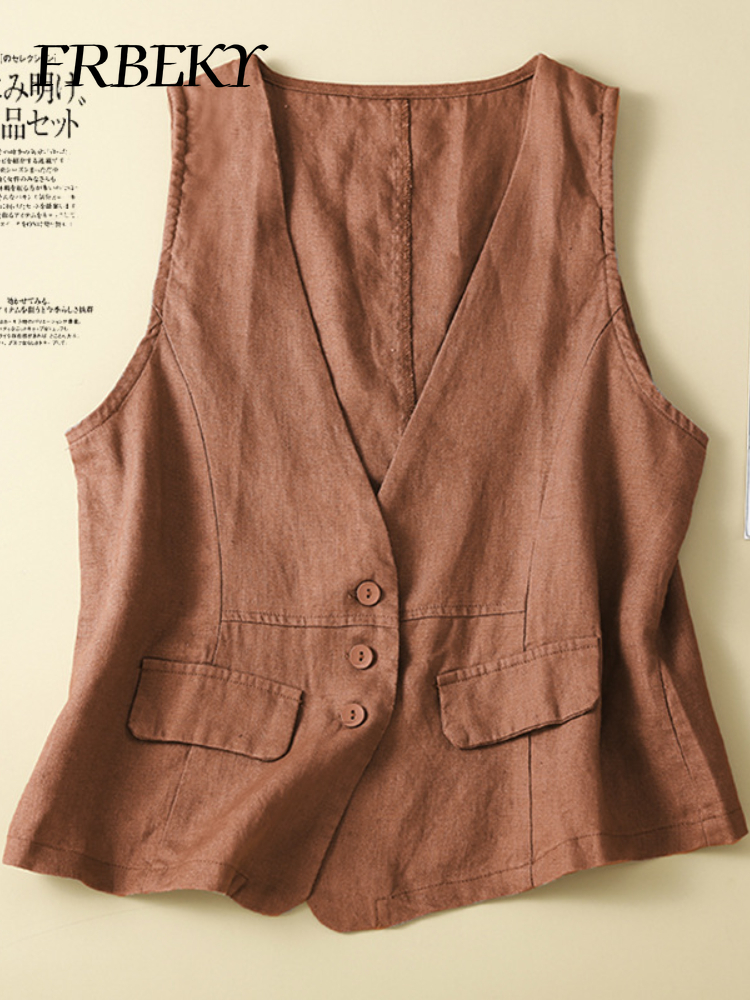 Glafor-Veste en Coton et Lin pour Femme, Streetwear observateur et Vintage, Col en V, Décontracté, FibrThin, Été