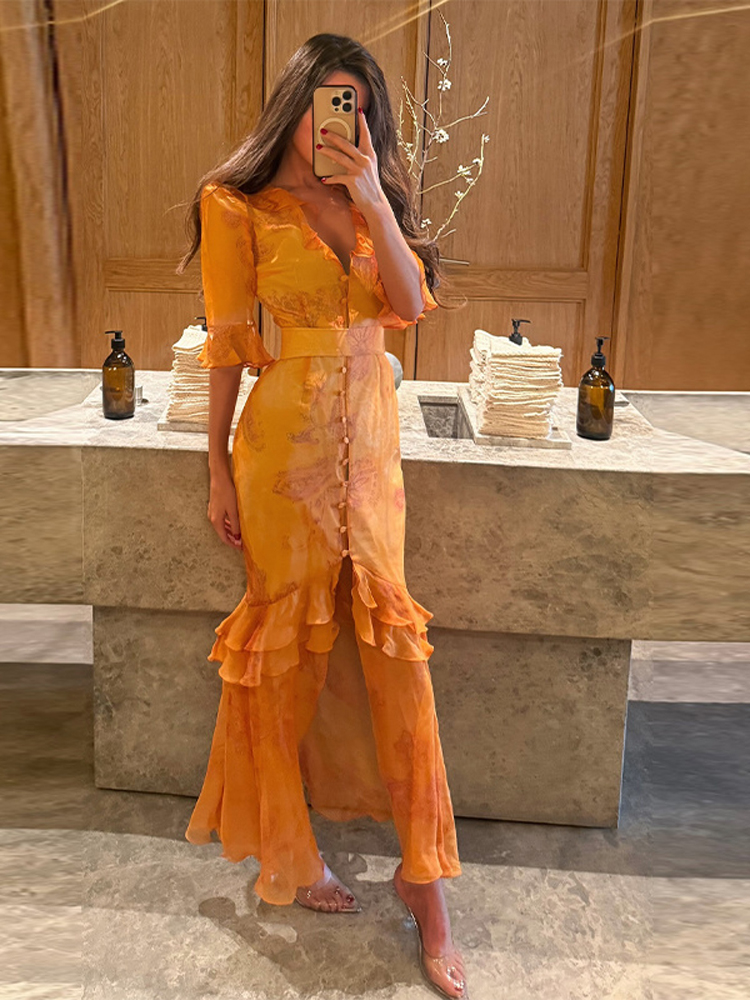 Robe longue sexy pour femme à imprimé orange, chic, avec volants, col en V, ceinture, fente, manches courtes, pour soirée et vacances