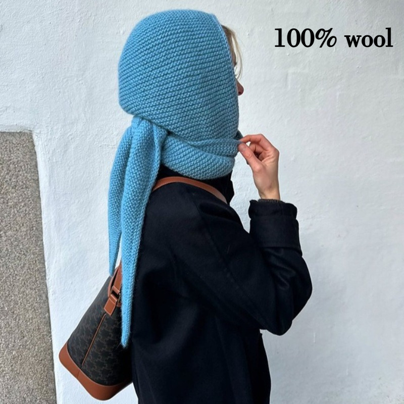 100% laine grande écharpe de Style coréen Ins hiver chaud femmes Simple laine cagoule chapeau coupe-vent Protection des oreilles mode tricot chapeau