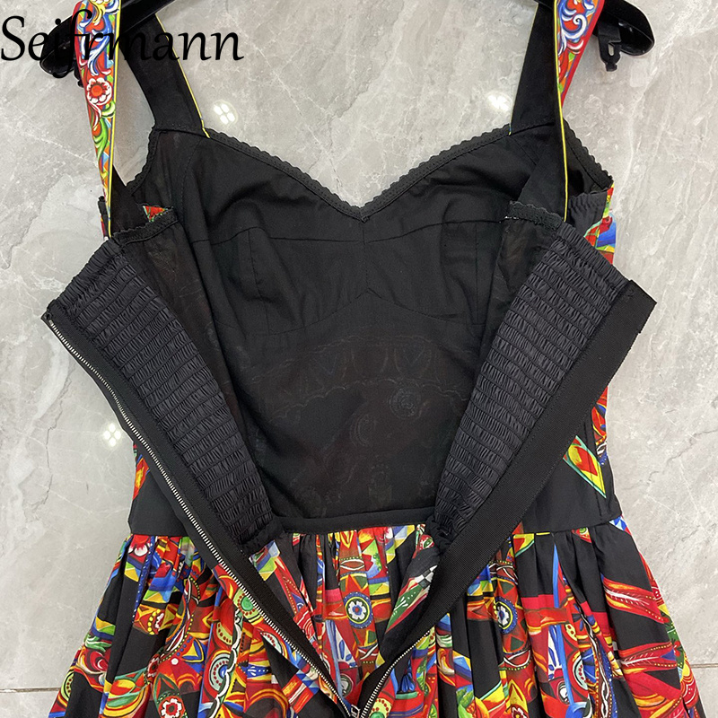 Robe longue décontractée en coton imprimé Seifrmann, col carré, sans manches, taille cintrée, nouvelle collection automne 2026 pour femme