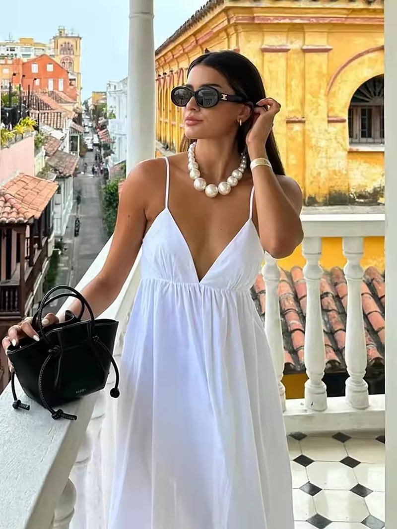 VEITCHE été Sexy dos nu femmes robe longue col en V solide taille haute coupe ample a-ligne robes blanches plage Vocation tenue