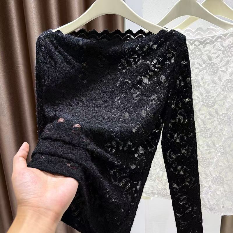 Femmes Sexy couverture en dentelle à manches longues vêtements intérieurs maille voir à travers la chemise en dentelle Base 2025 automne hiver haut Vintage bas blanc Blouse