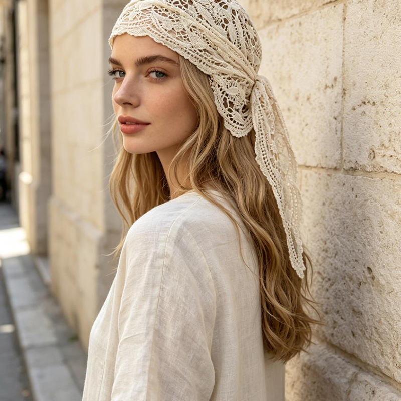 Écharpe de cheveux en crochet style bohème pour femmes, bandana noué en dentelle florale, bandeau à longues franges à nouer à l'arrière pour les vacances à la plage