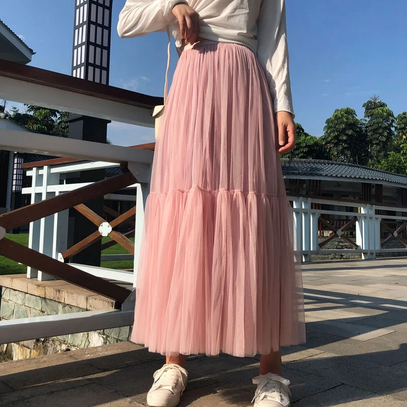 Vintage gothique noir blanc plissé longue Tulle Jupe Tutu Femme taille haute vacances piste maille jupes femmes 2024 Jupe décontracté