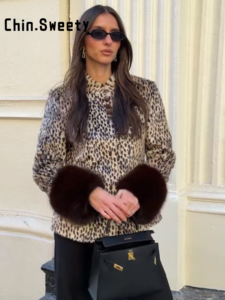 Manteau chic pour femme à manches longues, col montant, manchettes en fourrure imprimé léopard, patchwork et boutons, vestes automne-hiver 2026, manteaux pour femme