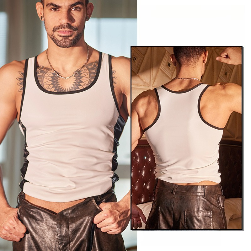Gilet de sport pour hommes, collants Sexy brillants à l'huile, Fitness, haut en cuir musculaire, sous-vêtements Ultra élastiques, chemisier brillant à l'huile, maillot de corps