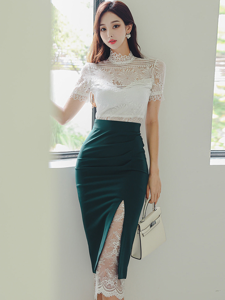 Ensemble 2 pièces en dentelle transparente pour femmes, chemisier en Y blanc, jupe mi-longue taille haute, tenue sexy, vêtements d'été, mode élégante