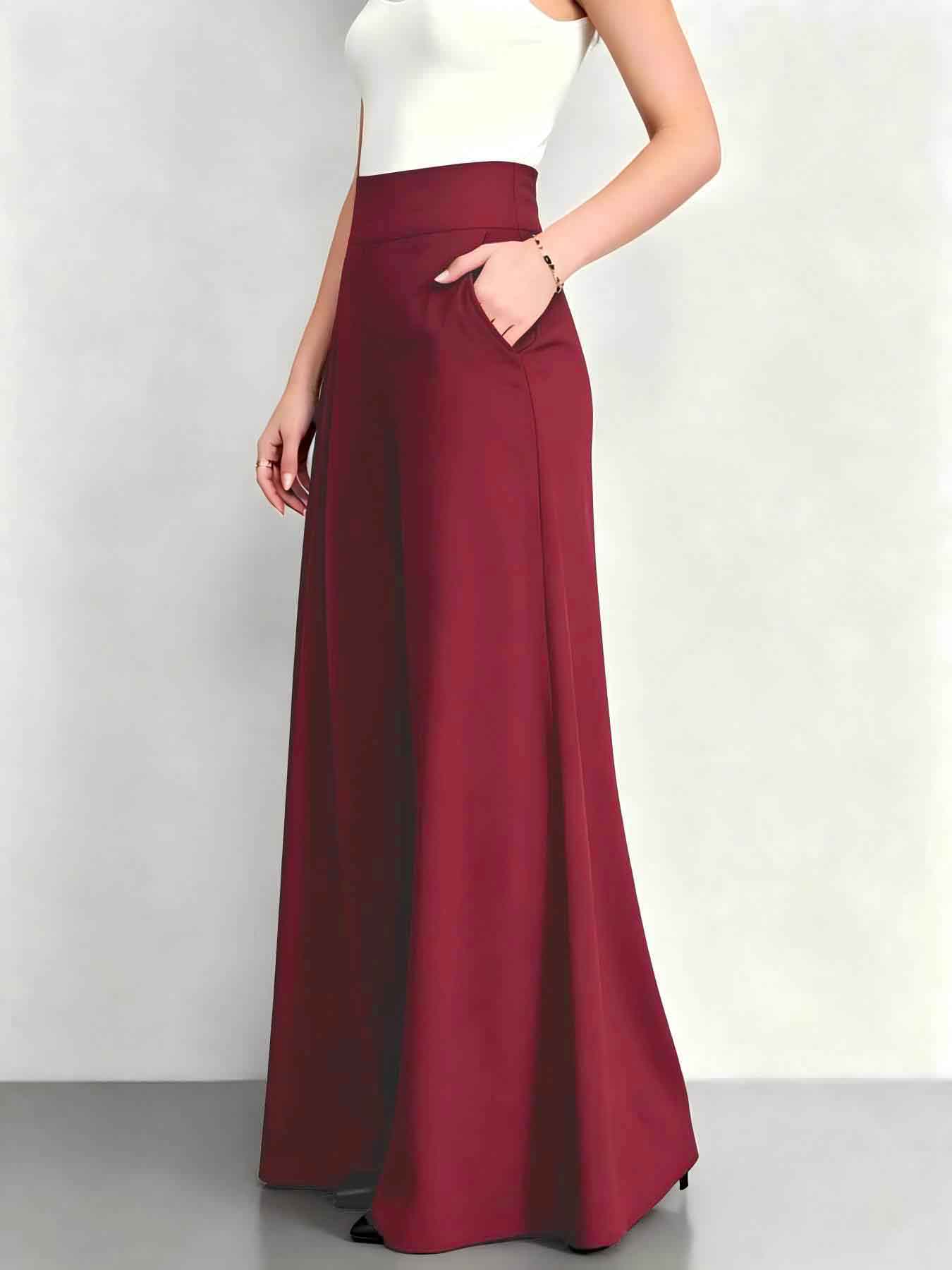 Pantalon Palazzo Plissé Élégant Taille Haute pour Femme, Coupe Ample Évasée, Couleurs Unies, Long, Idéal pour le Bureau et le Travail, Jambe Large