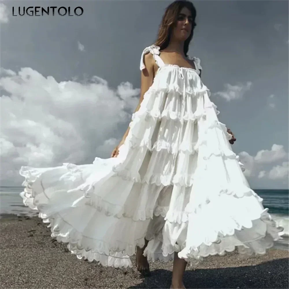Robe longue femmes bohème gâteau couche grande balançoire solide sans manches volants Spaghetti sangle bretelles femmes robes Lugentolo