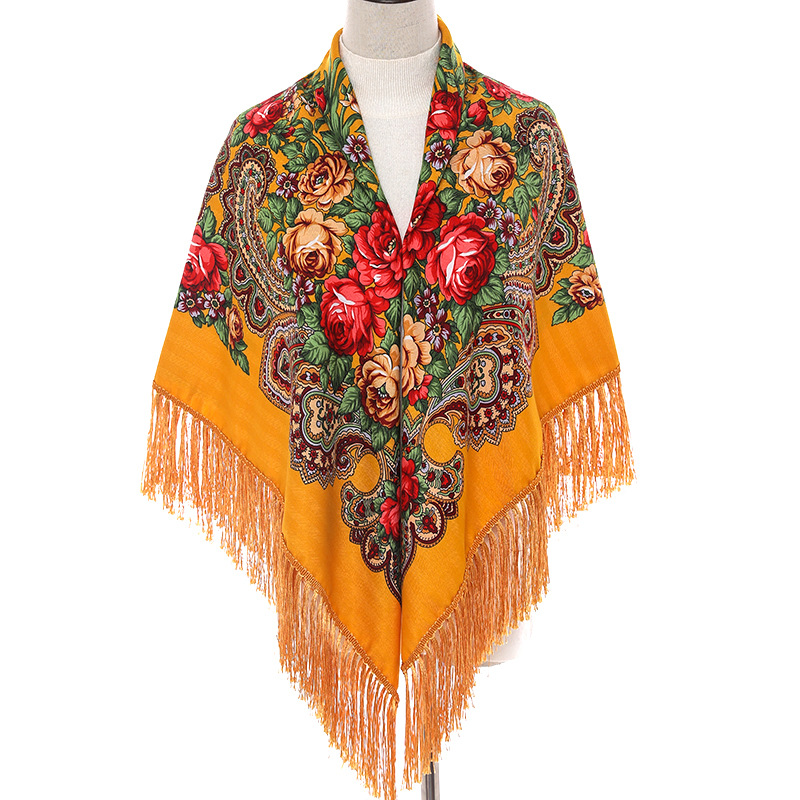 Grand foulard carré de Style russe pour femmes, châle rétro à franges en coton imprimé, enveloppes Hijab, châles ethniques, Bandana, 135x135cm