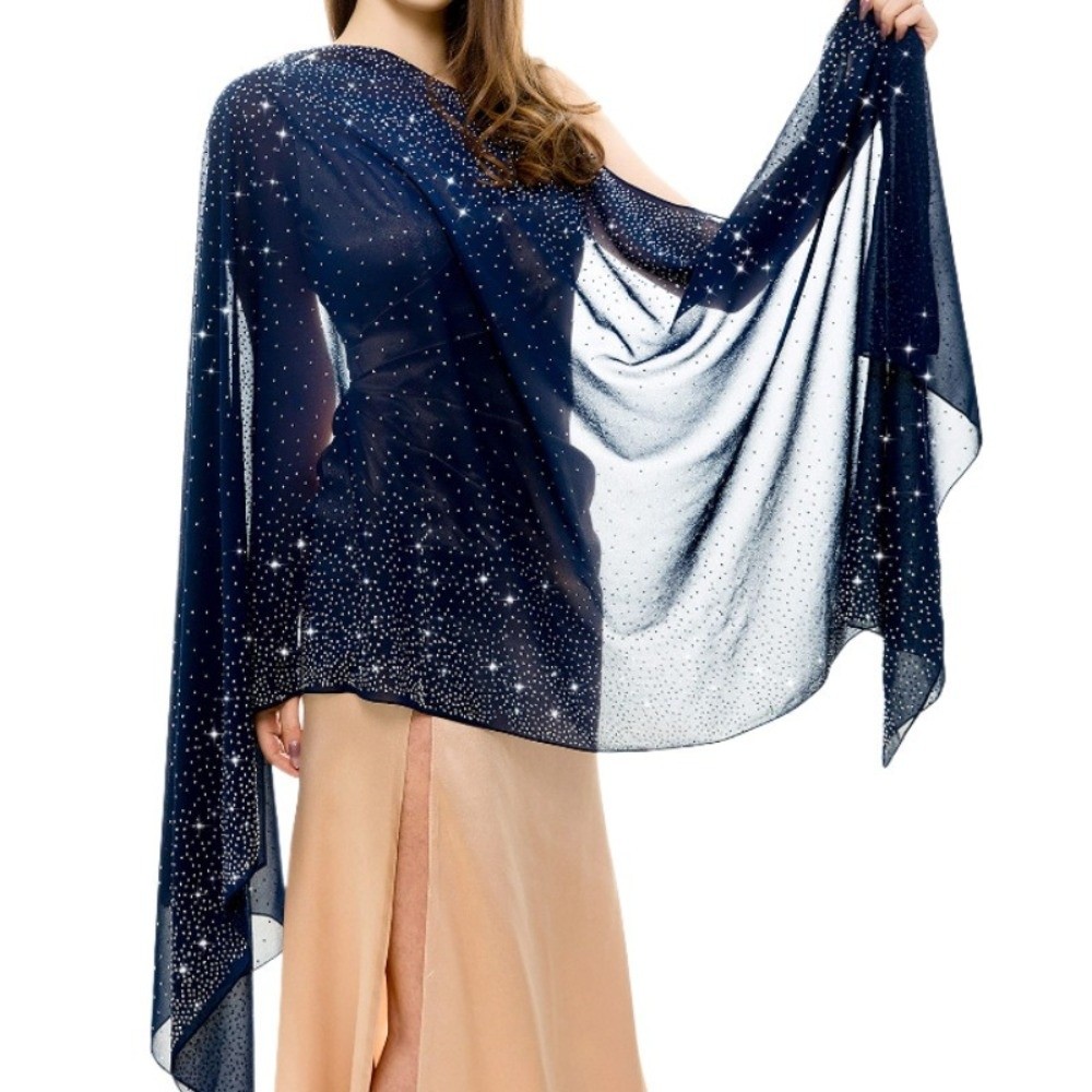 Châle en mousseline de soie pour femme avec strass, couleur unie, respirant, scintillant, transparent, doux et fin, idéal pour les soirées
