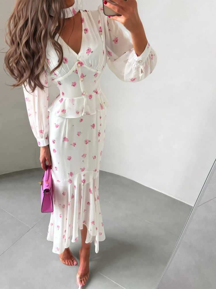 Nouvelle Robe Plissée Imprimée à Col en V et Taille Cintrée, Manches Courtes à Revers, Taille Haute, Longueur Midi, Élégante pour Femme, Collection Été