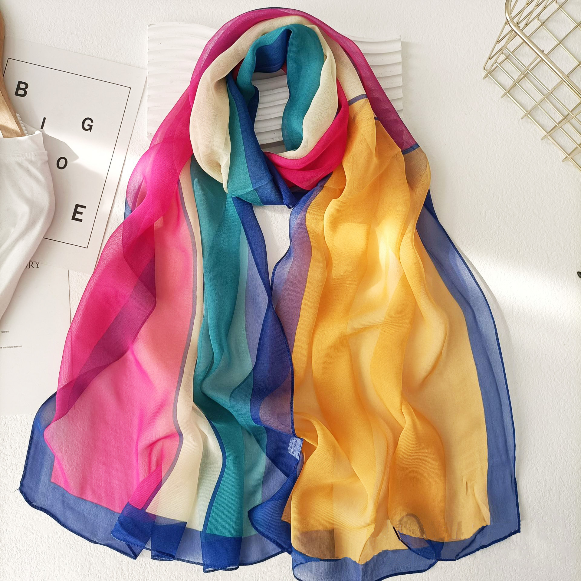 Foulards longs en mousseline de soie pour femmes, écharpes de plage, crème solaire, Georgette soyeuse, écharpe d'impression dégradée, châles Hijab fins et doux, 160x50cm