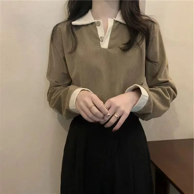 T-shirts décontractés pour femmes, mode coréenne, Style Preppy doux, hauts féminins, manches longues, col rabattu, pulls de base, automne