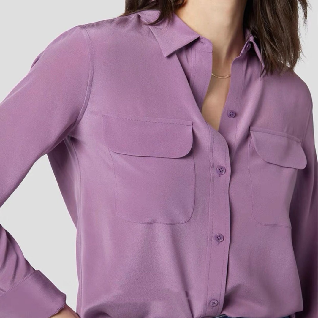 Femmes chemises en soie véritable classique Double poches couleur unie décontracté mode à manches longues chemise mince Blouses t-shirts