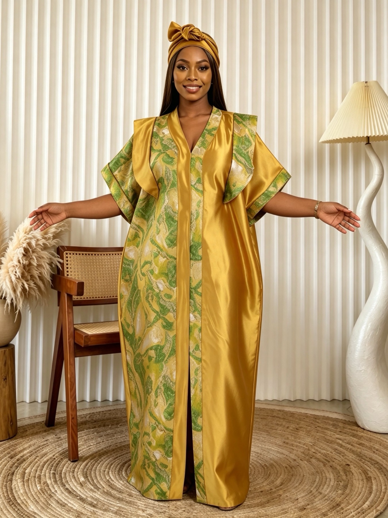 Robe Abaya Islamique Traditionnelle Africaine Grande Taille Imprimée et Brodéée, Longue Robe du Moyen-Orient avec Foulard Assorti
