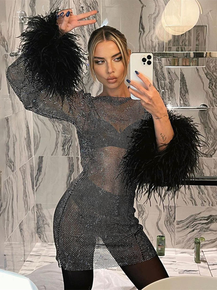 Robe transparente à manches longues pour femmes, vêtements de club sexy avec glands, résille, robe éducative brillante