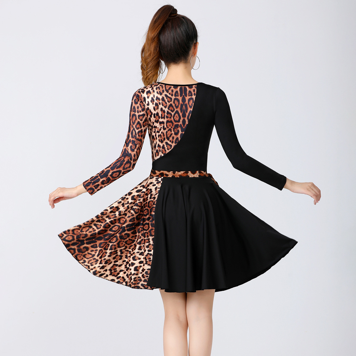 Robe de danse latine à manches longues pour femmes adultes, ceinture, léopard, vêtements de salle de Rh, vêtements de danse Régions ba, automne, hiver, 2025