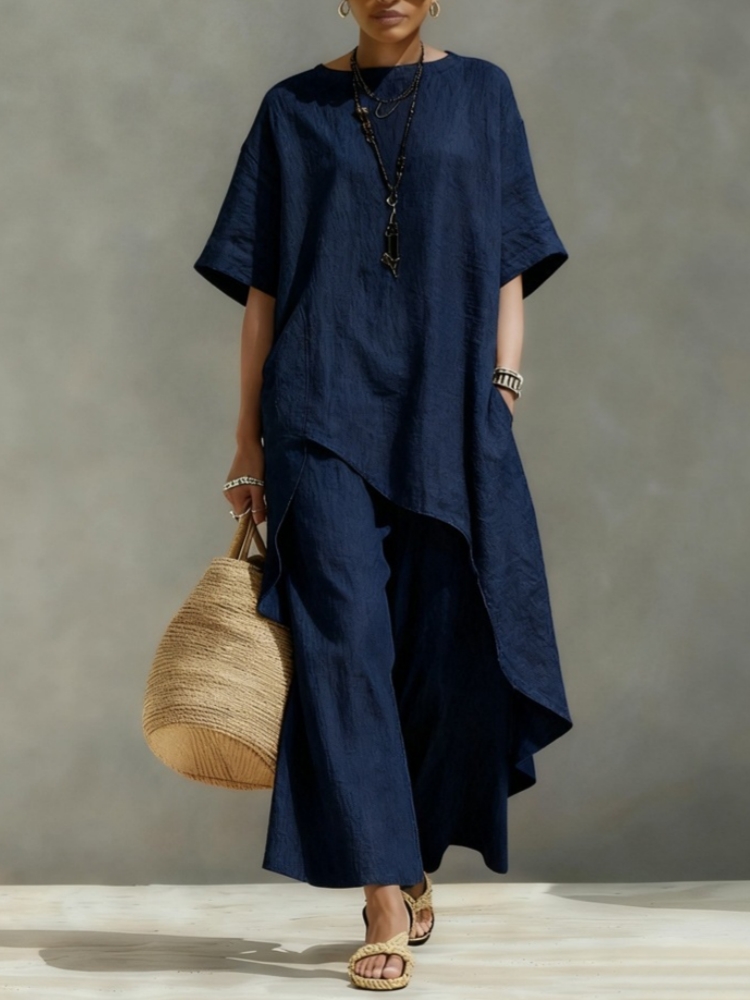 Ensembles pantalon et chemisier en coton et lin pour femme, 2 pièces, décontractés, chemisier ample à manches courtes et coupe irrégulière, pantalon large à taille élastique