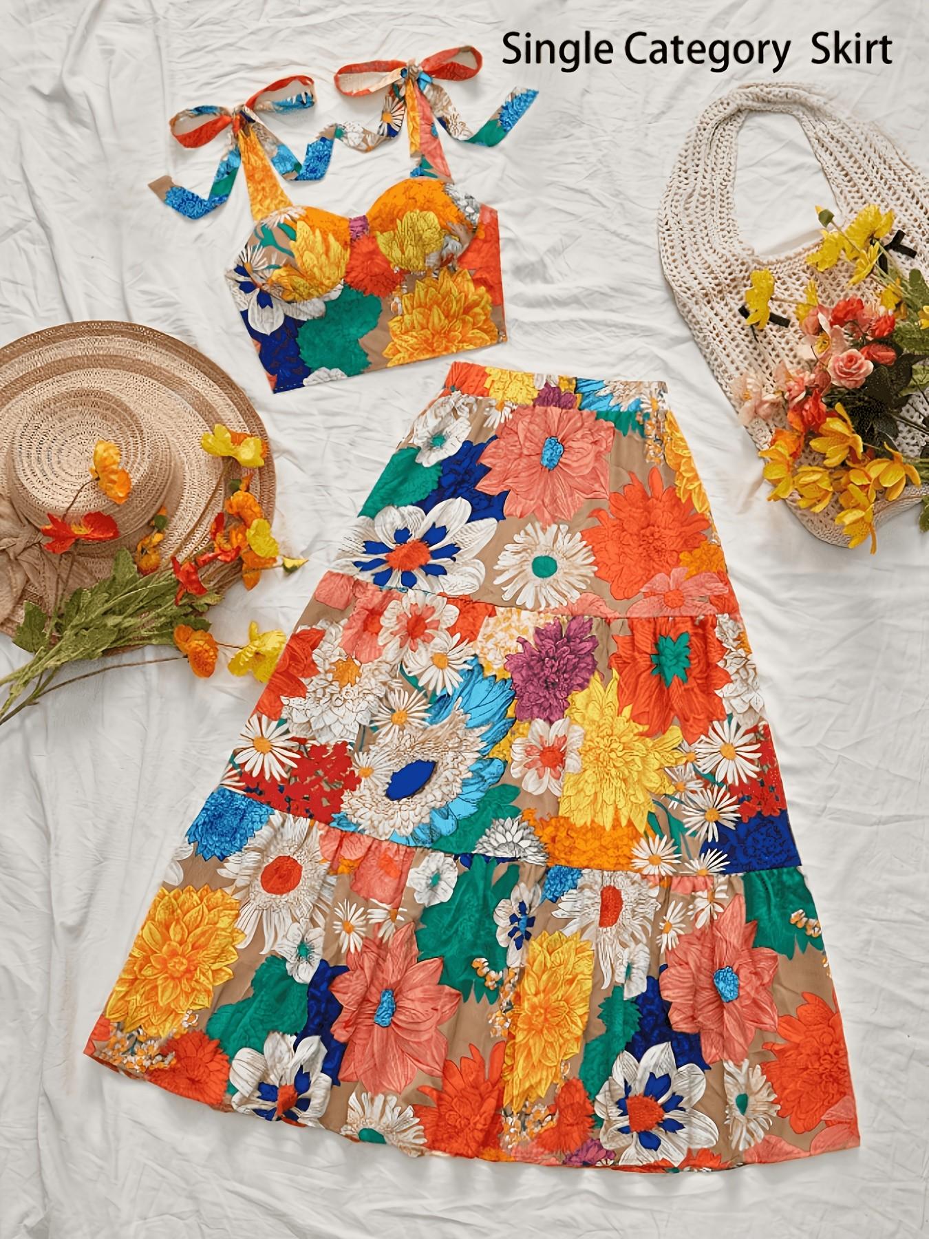 Ensemble 2 pièces pour femme à imprimé floral vibrant, avec haut court à nœud sur l'épaule et jupe longue à volants, idéal pour les vacances à la plage et les soirées estivales