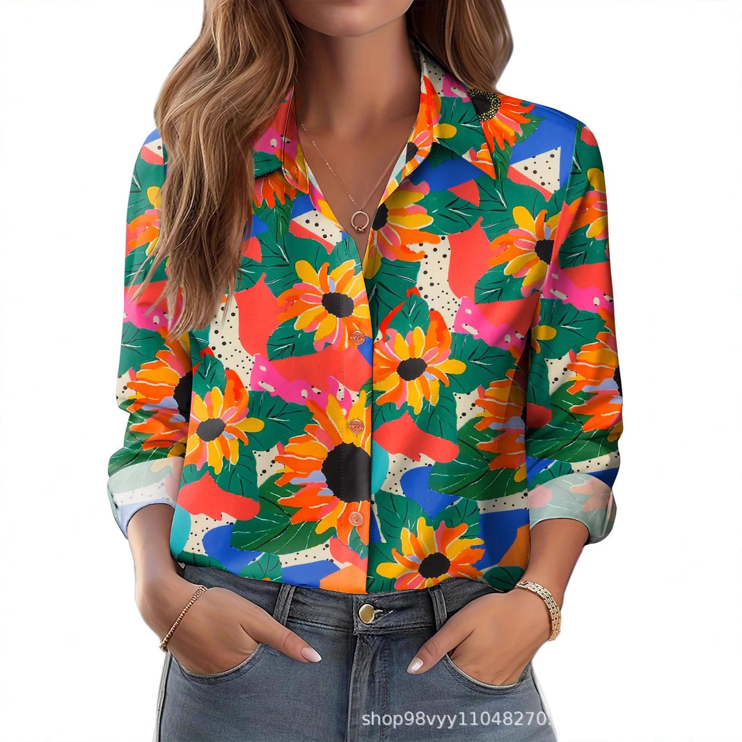 Fashion Floral Pattern Women Long Sleeve Shirts Autumn Casaul 3D Printed Street Ladies Blouse All Season Shirt Women Clothing