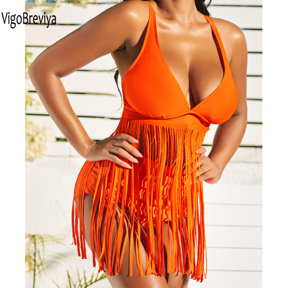 VigoBreviya 2026 Maillot de bain femme sexy à col en V, à bretelles et à pompons, bikini taille haute push-up, pour l'été et la plage