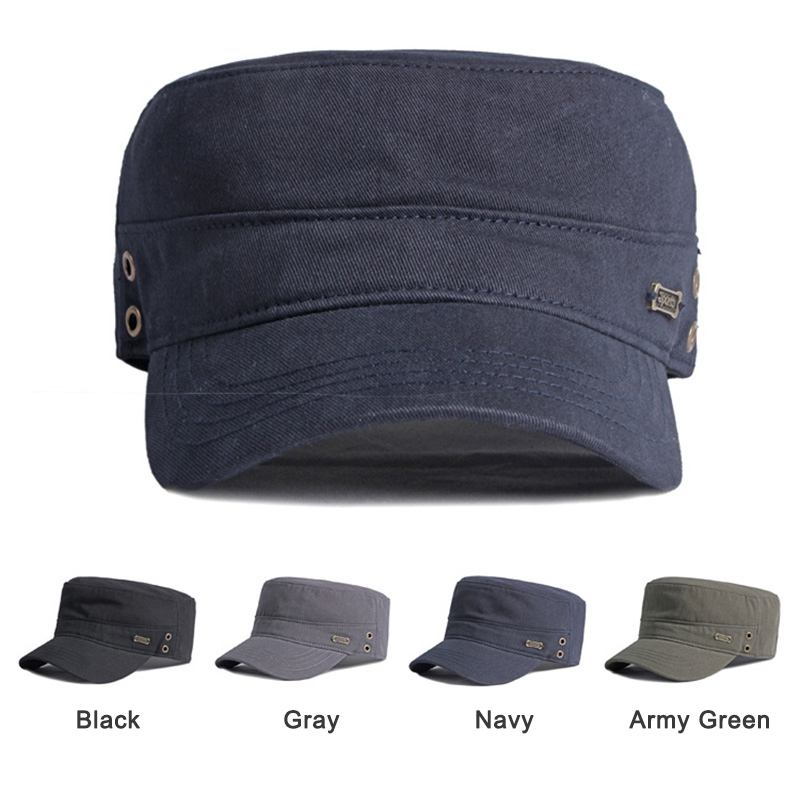 Casquettes militaires décontractées pour hommes, casquettes militaires en coton à dessus plat pour femmes, chapeau de soleil noir de couleur unie, visière avec étiquette en métal, bord incurvé réglable