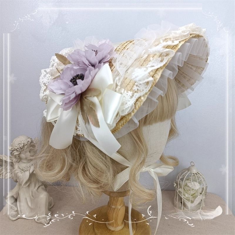 Chapeau Lolita multicolore fait à la main, Bonnet plat, Style pastoral, paille Lolita BNT, chapeau de cérémonie de Style ancien pour l'été