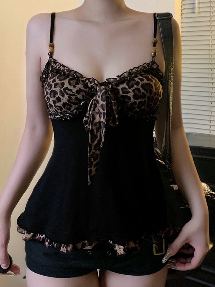 Américain Hotsweet Y2k Léopard Camisole Femmes Rétro Streetwear E-girl 90s Gothique Foncé Sexy Patchwork À Lacets Débardeur Court Femme