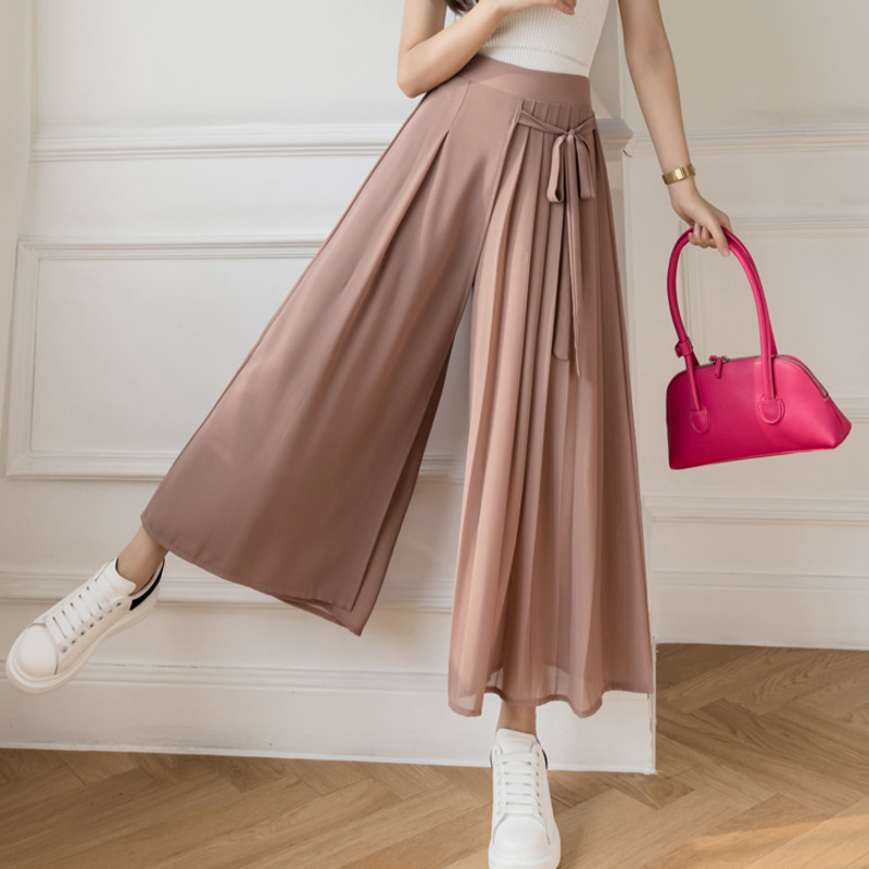 Jupe-pantalon plissée en mousseline de soie pour femme, vêtement léger et décontracté, taille haute, jambes larges, mode coréenne, Harajuku