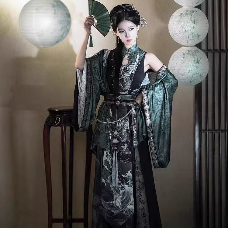 Hanfu – Costume Original de Style chinois pour femmes, éléments Han imprimés, pantalons de chanson, costumes de Cosplay d'halloween, vert noirâtre, COS, nouvelle collection