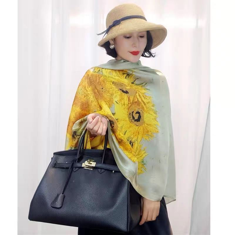 Écharpe en soie tendance pour femme, motif tournesols, châle de protection solaire pour voyage en extérieur, couvre-chaussons de plage d'été YD5065