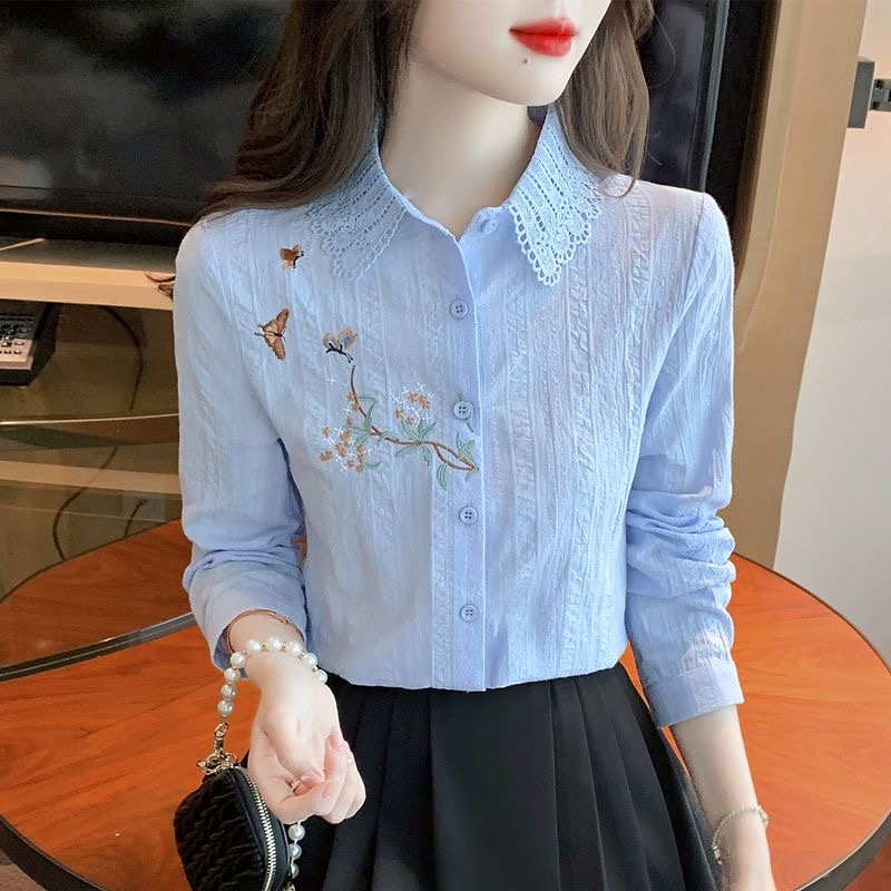 Broderie femmes printemps automne Blouses chemises dame décontracté à manches longues col rabattu couleur unie haut Blouse DF4775