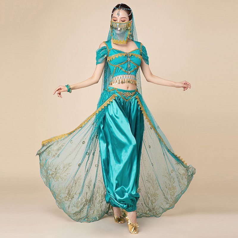 Costume de brevdu Ventre de Princesse Jasmine Aladdin pour Femme, Tenue de Barrage de ix, Style de Performance Trempé pour Halloween