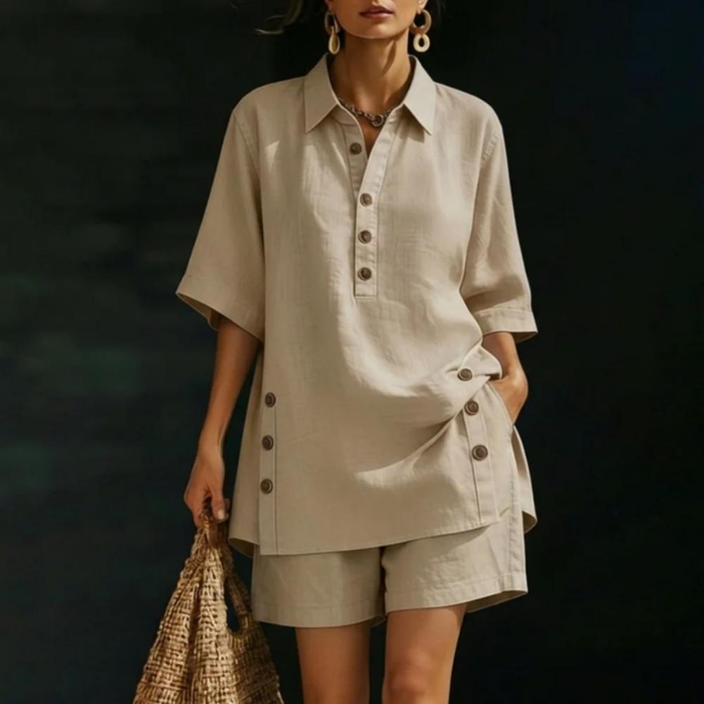 Ensemble en coton et lin pour femmes, chemise à manches courtes boutonnée et short large, tenue 2 pièces, été, décontracté, plage, ensemble de détente