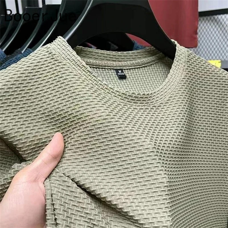 T-shirt Homme Haut de Gamme en Soie Glacée et Maille, Manches Courtes, Col Rond, Été, Demi-Manches, Couleur Unie, Sportif, Léger
