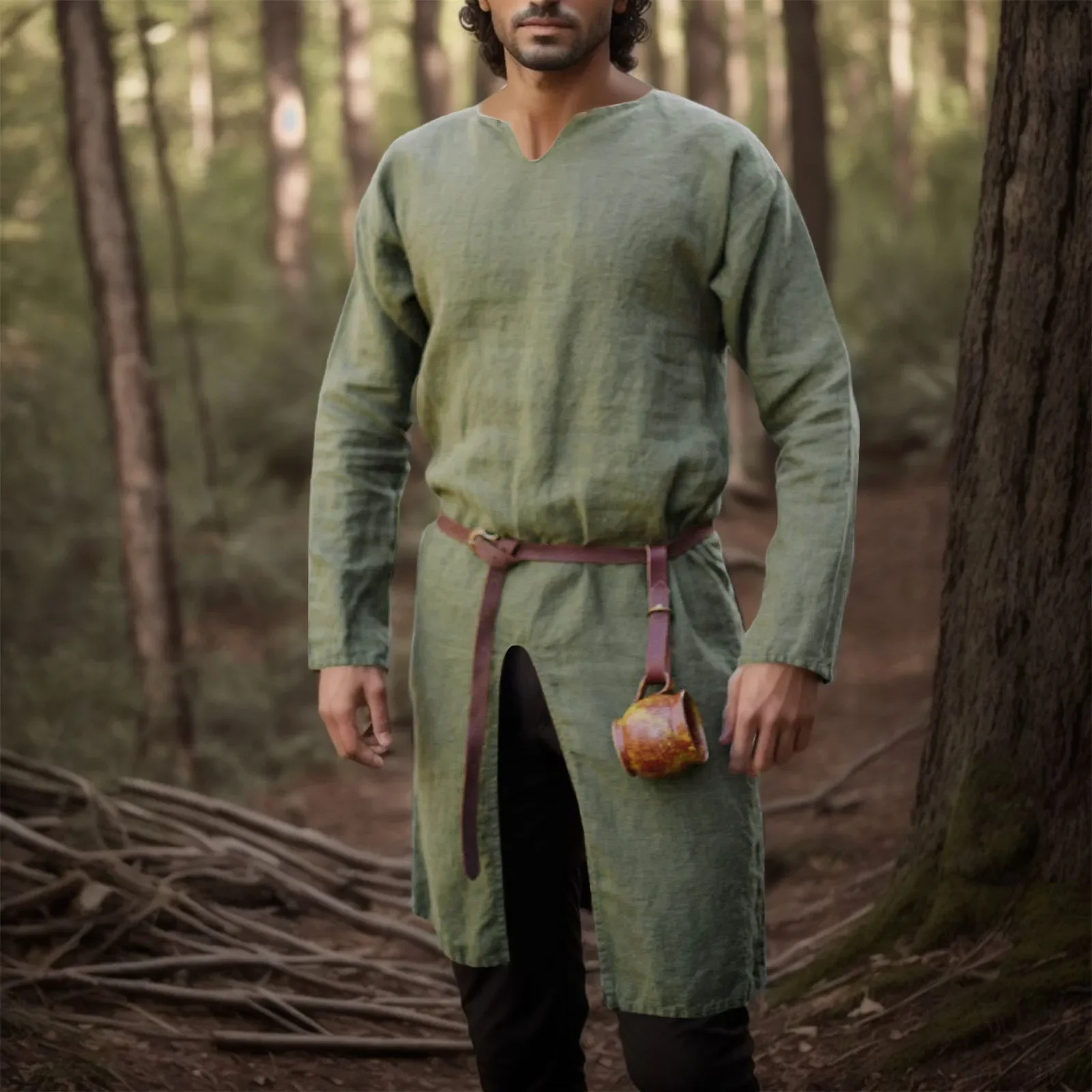 Chemise en lin rétro de la Renaissance médiévale, tunique longue pour hommes, vestes Vintage, Costumes de Cosplay de chevalier Vikings Pirate