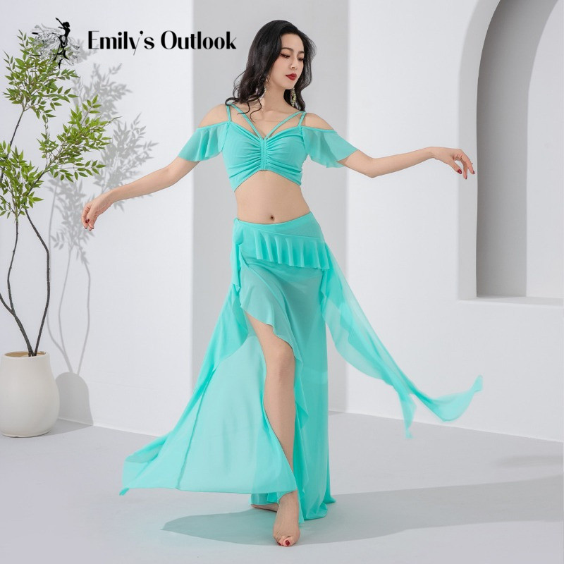 Ensemble de costumes de danse du ventre pour femmes, haut court à épaules dénudées et jupe longue à volants, tenue 2 pièces pour la pratique et les séances photo